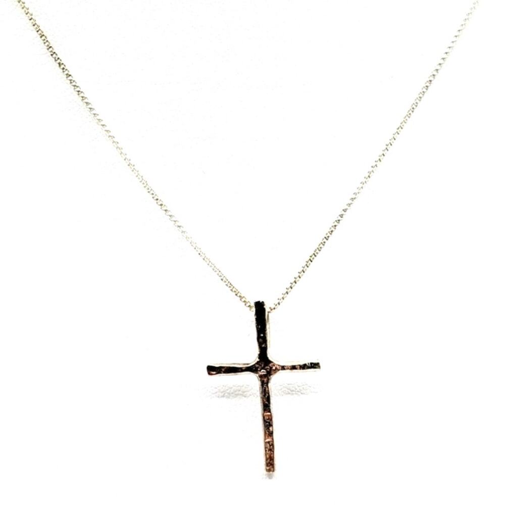 VTG Textured Minimalist Back Bale Sterling Cross Pendant 16" Box Chain Necklace